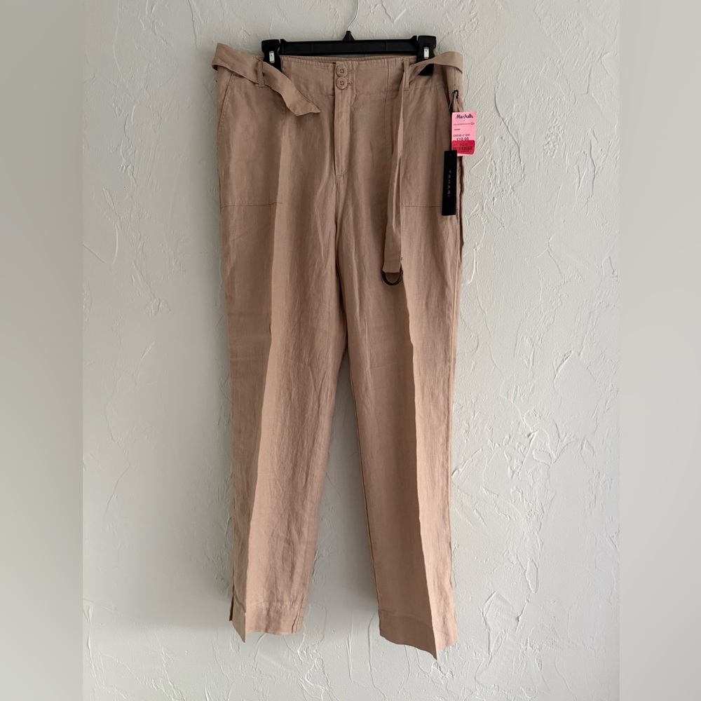 Tahari Women's Khaki Tie-Waist linen pants in Beige